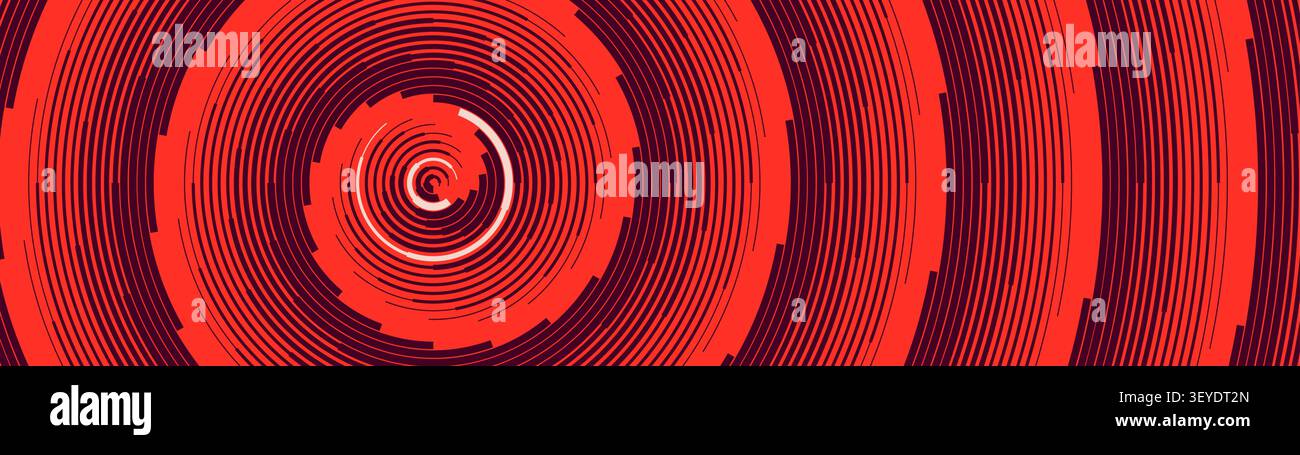 Hypnotic circular vinyl vortex background with red concentric target lines and dark maroon geometric orbital tracking radar rings, Abstract spiral str Stock Vector