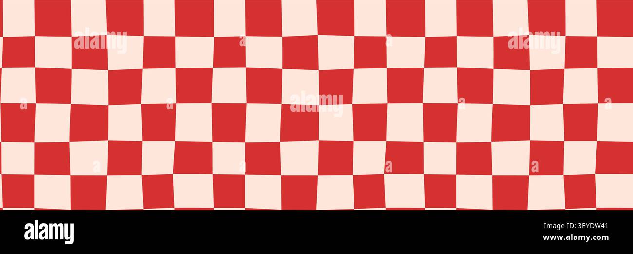 Distorted red checkerboard seamless vector pattern, Wavy squares, groovy warped plaid background Stock Vector