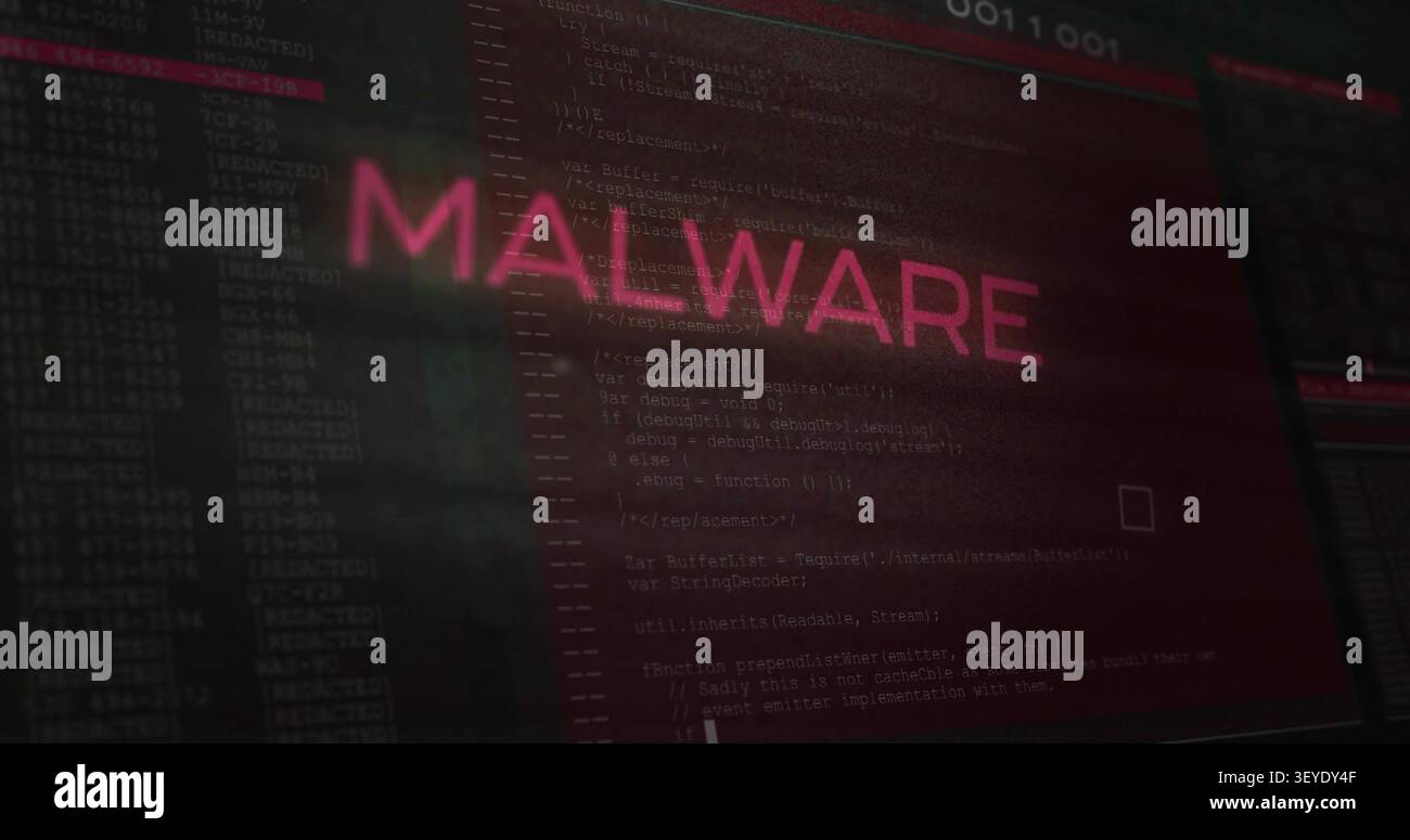 Vertical image: Partial MH blur sparking text assembling into MALWARE for security over code traces Stock Photo