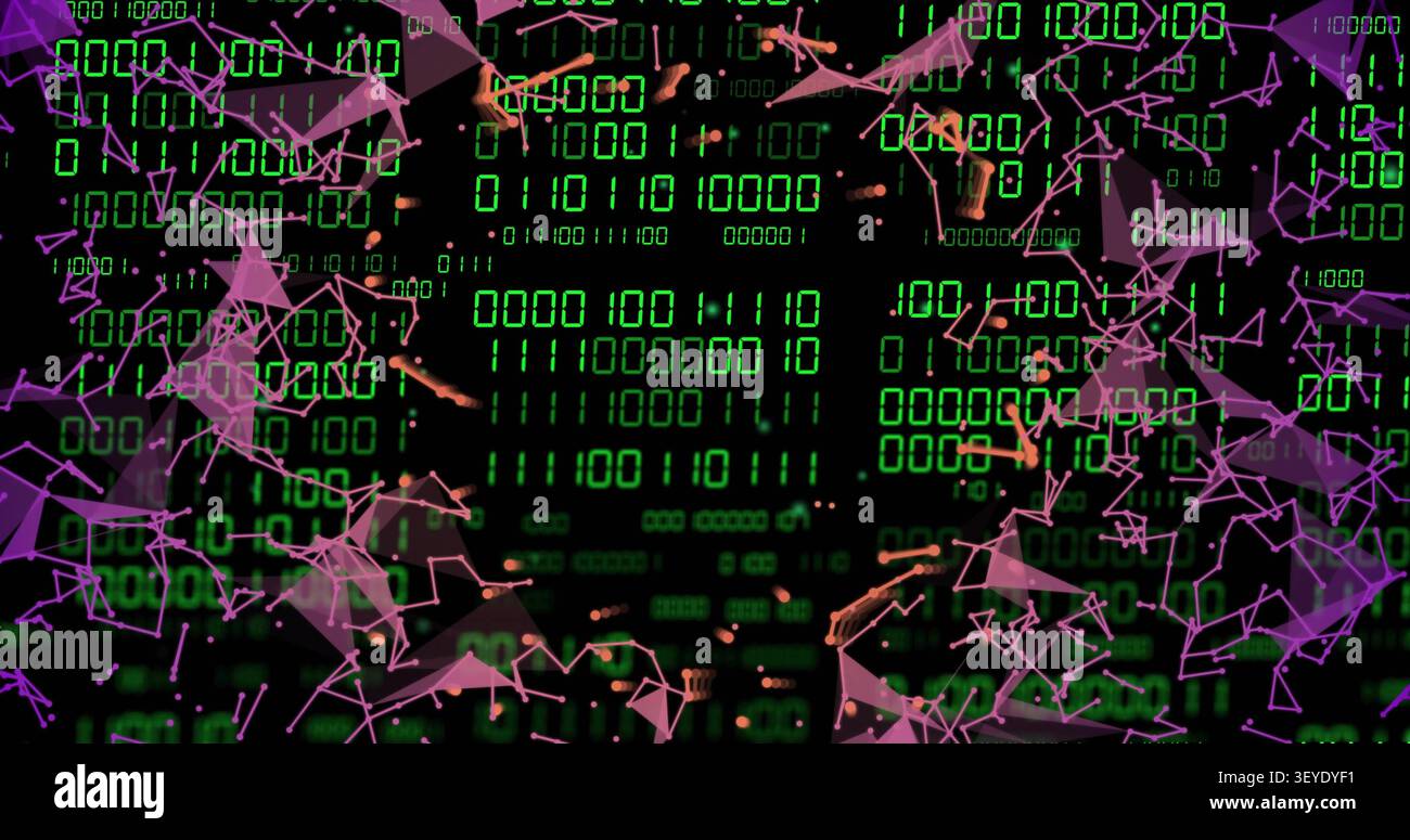 Vertical image: Central green binary matrix pulsing and drawing polygons framing for tech data Stock Photo