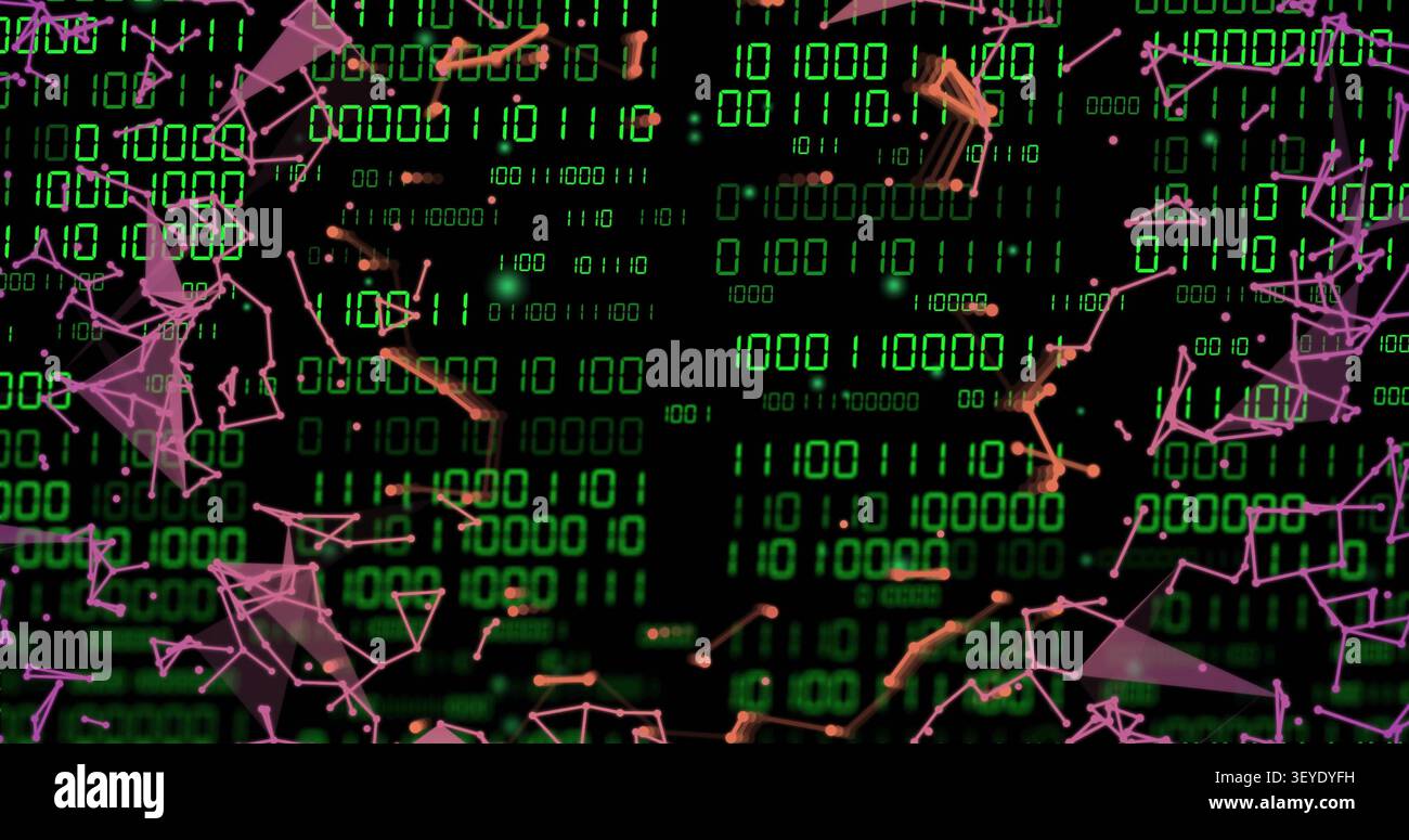 Vertical image: Central green binary matrix pulsing and drawing polygons framing for tech data Stock Photo