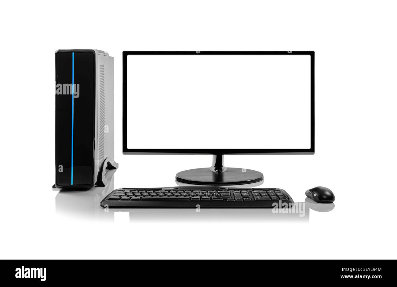 A modern desktop computer setup on a reflective white surface. Stock Photo
