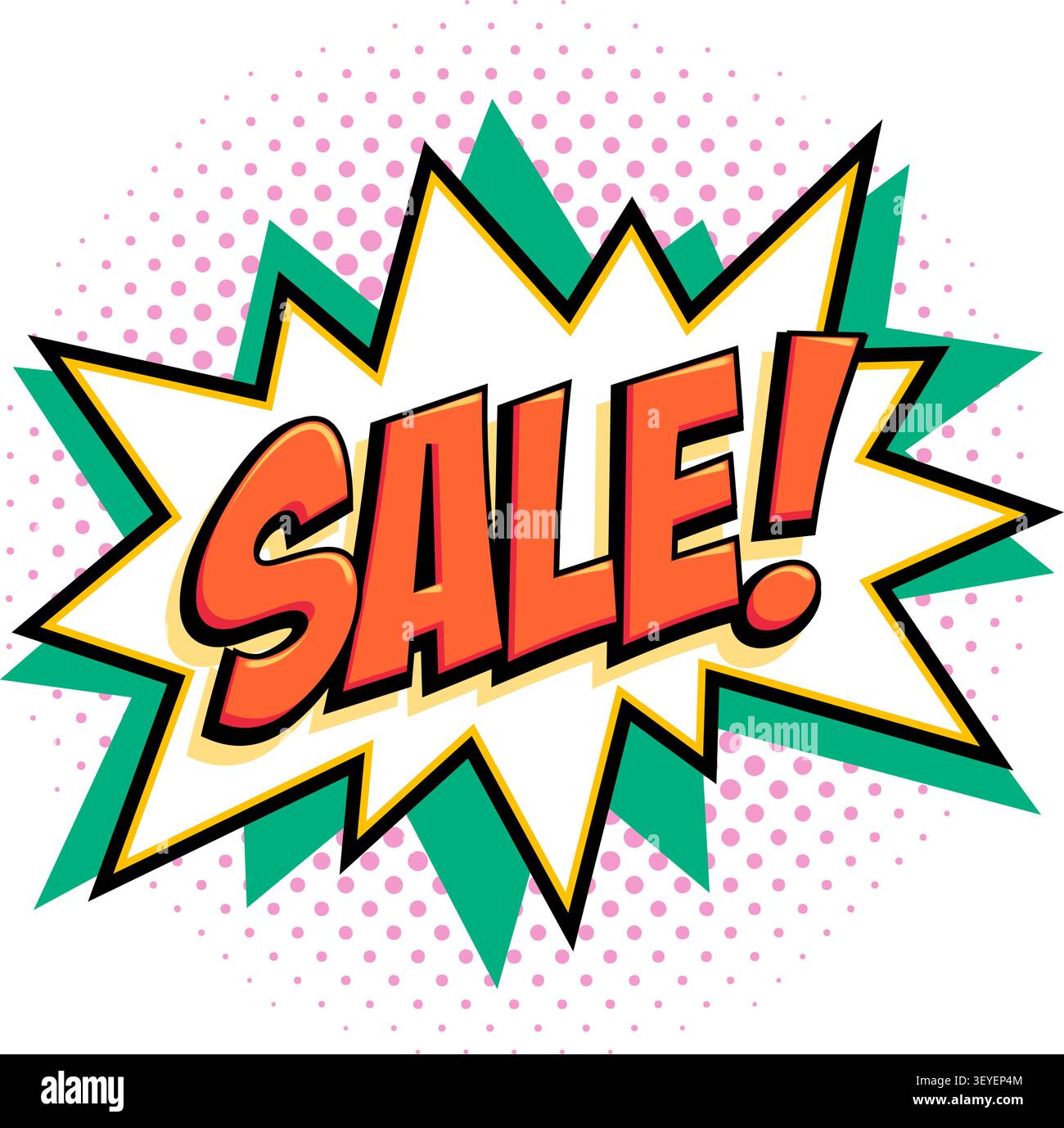 Comic starburst with red sale lettering on white burst shape, green layered background and pink halftone dots in retro pop art vector style Stock Vector