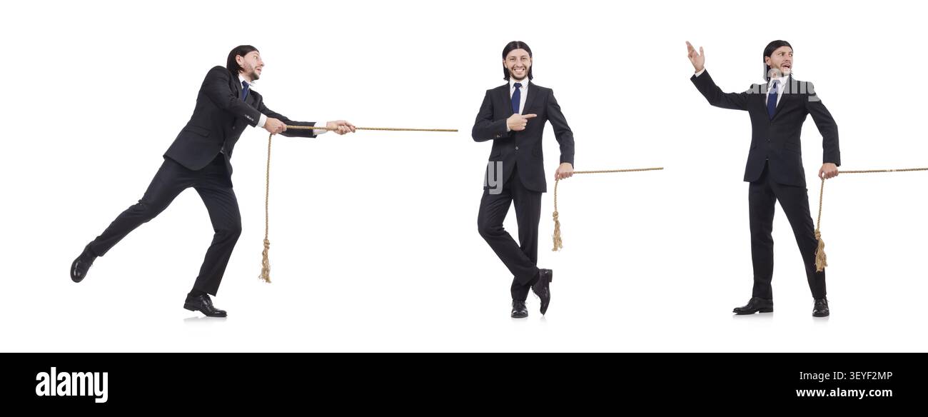 Young businessman pulling rope isolated on white Stock Photo