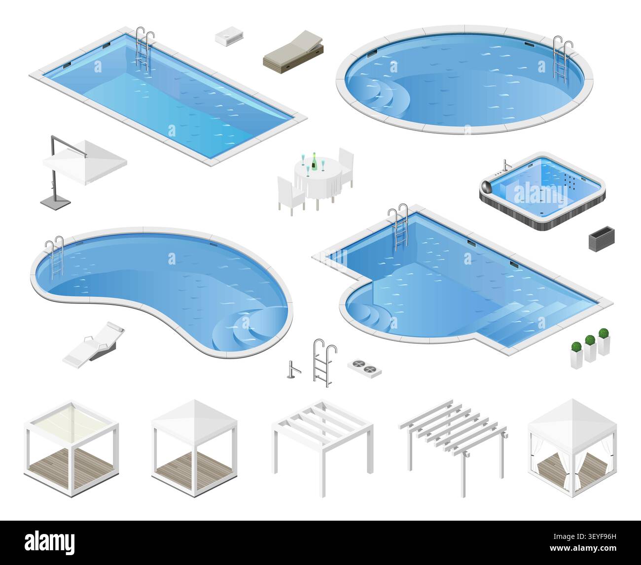Set swimming pool isometric elements Stock Vector
