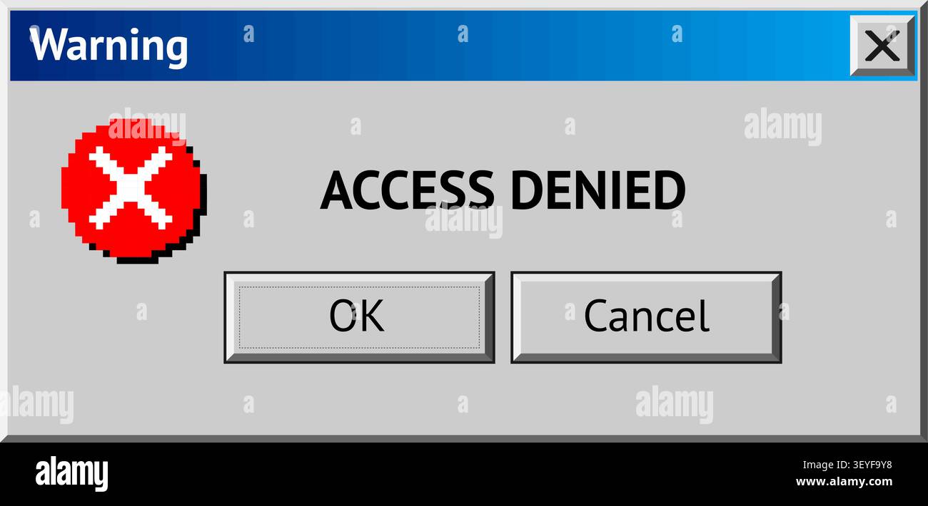 Retro computer warning popup window displaying access denied error message with buttons Stock Vector