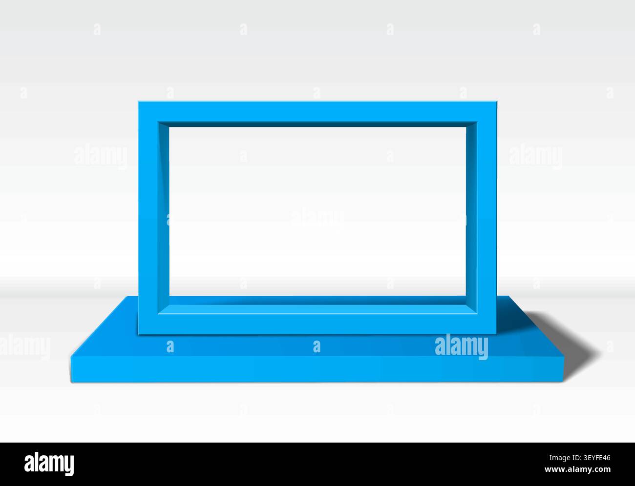 Empty blue 3D picture frame standing upright on white background Stock Vector
