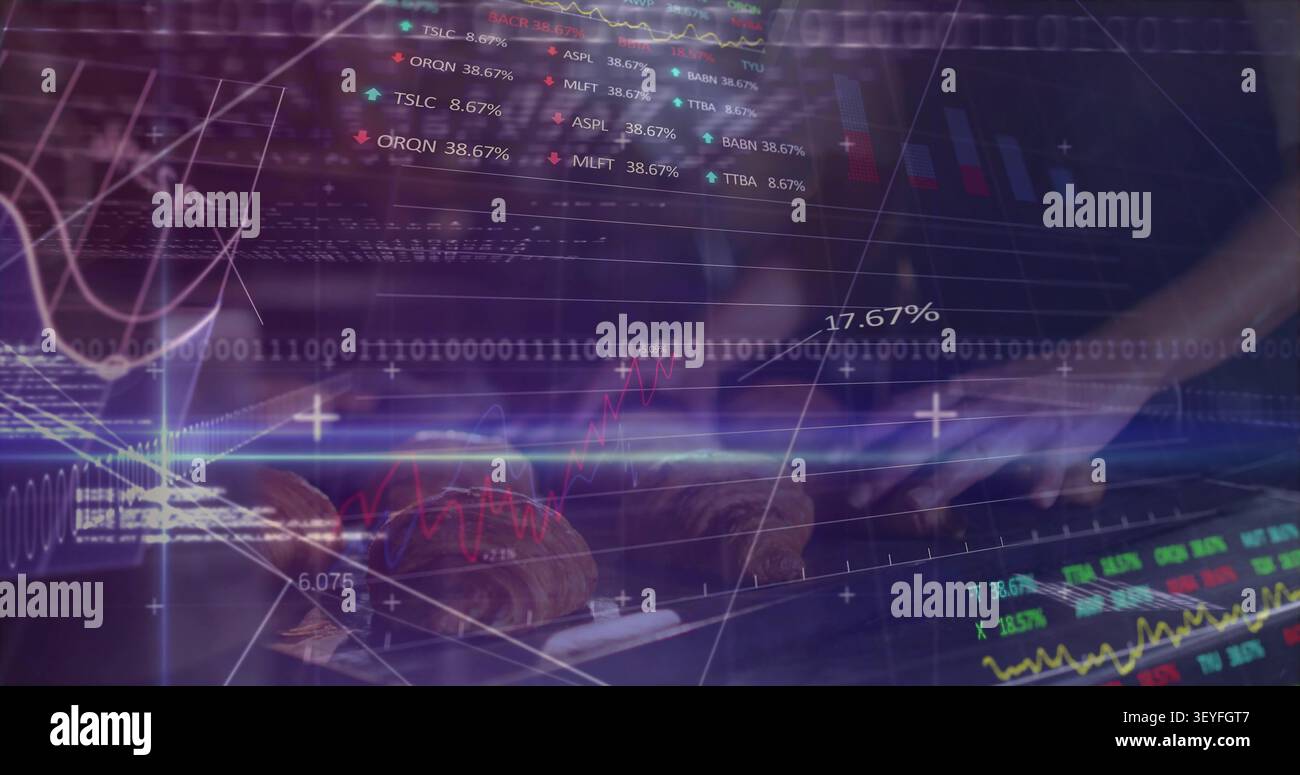 Woman's hands landing on keyboard and typing, activating animated charts, code, binary for finance Stock Photo