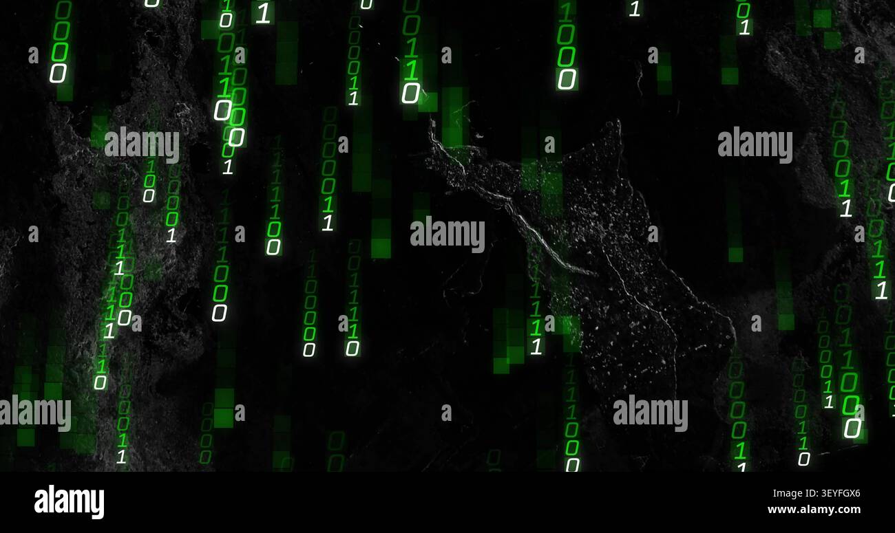 Top digits sparking streams, green binary rain falling, showing data flow over dark backdrop Stock Photo
