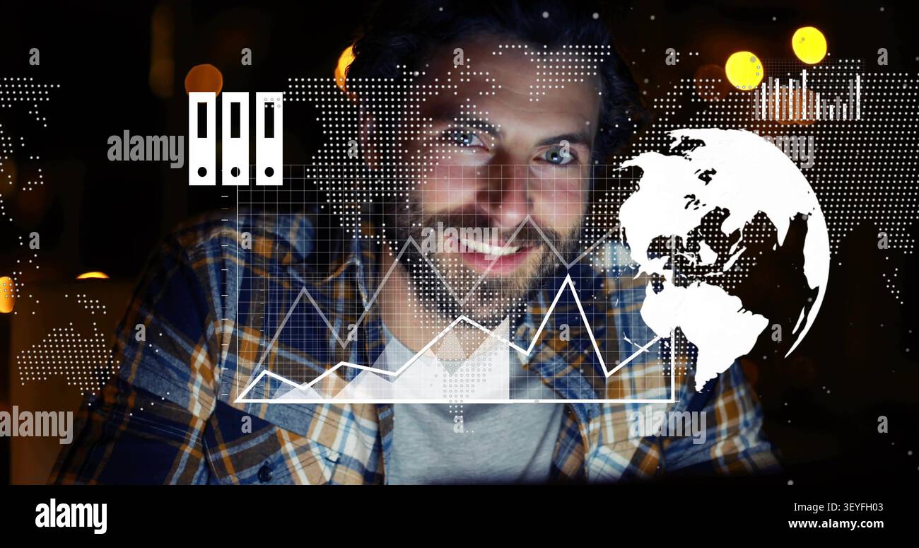 Dev on laptop, watching live data activating cloud-globe charts, evolving into market insights Stock Photo