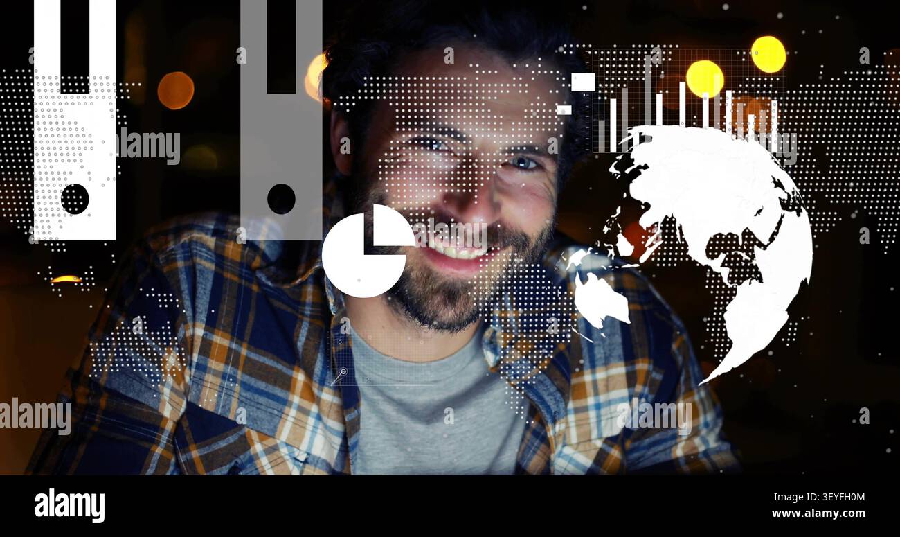 Dev on laptop, watching live data activating cloud-globe charts, evolving into market insights Stock Photo