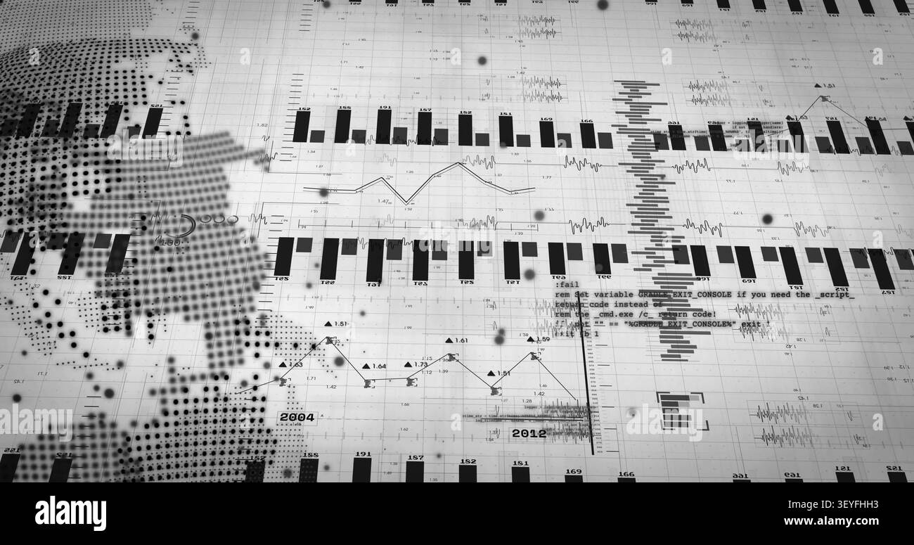 On data load dotted globe rotating while bar charts rising and lines animating, visualizing trends Stock Photo