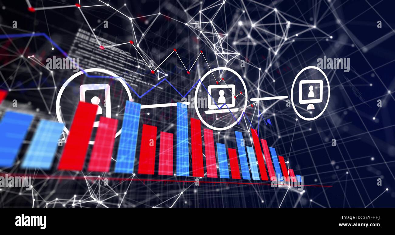 Device icons materializing and linking to bar chart, highlighting data flow for tech networks Stock Photo