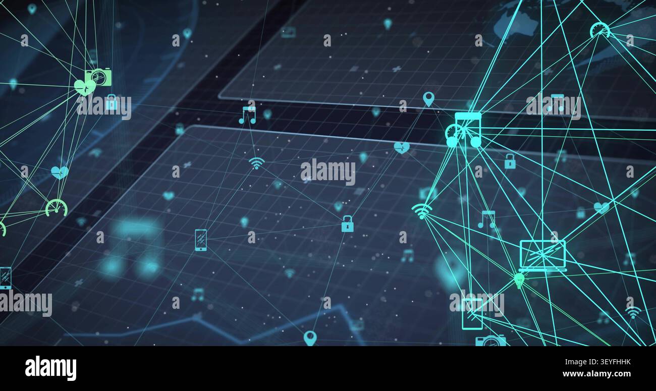 Floating icons drifting to grid spurring wireframe net pulsing and linking, showing tech data flow Stock Photo