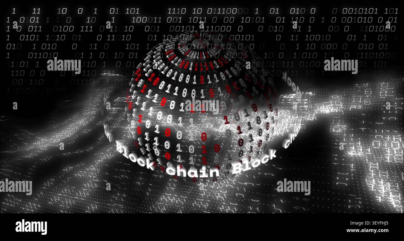 On play starting, 3D binary sphere rotating, Block chain band orbiting, emitting data into matrix Stock Photo