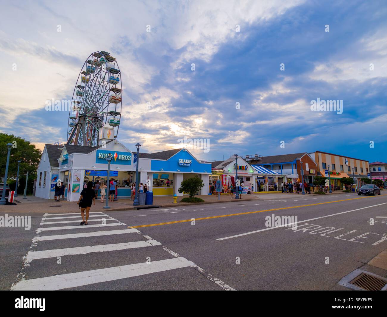 Virginia Beach, VA, USA - June 14, 2026: Tourist shops at Virginia Beach overcast with storm clouds Stock Photo