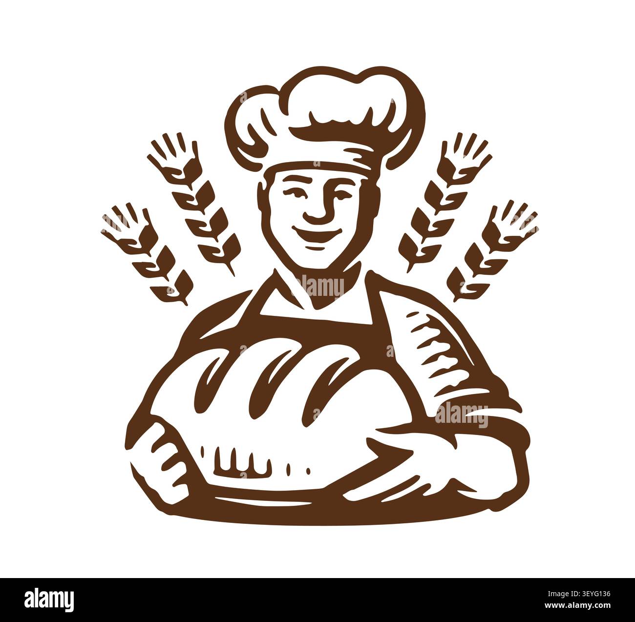 smiling baker holding fresh bread, bakery mascot emblem Stock Vector
