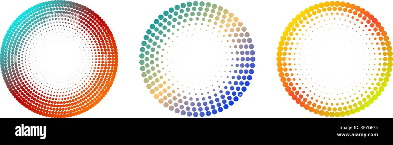 Modern vibrant geometric circle elements featuring rainbow halftone dot patterns on white Stock Vector