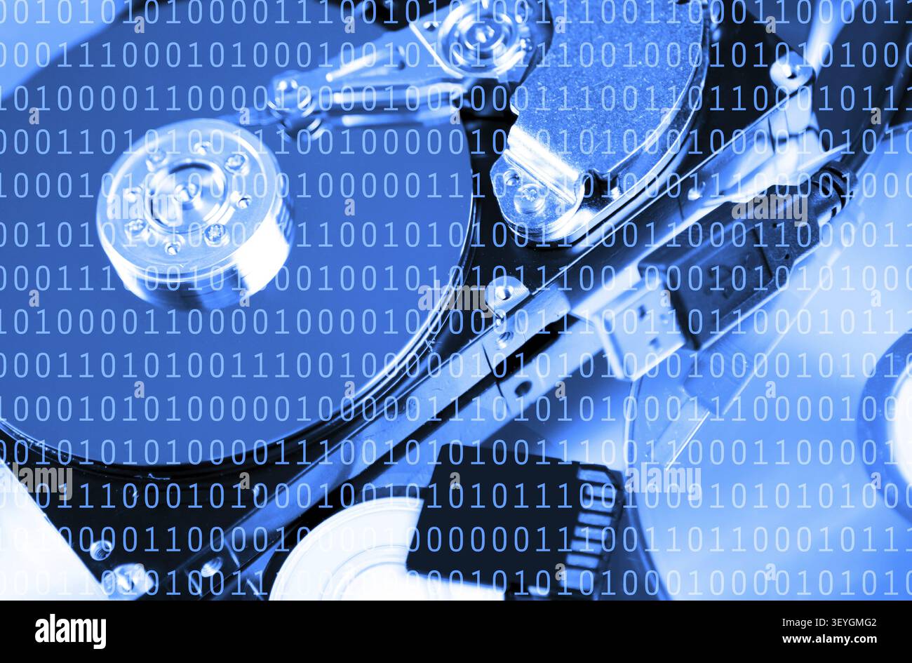 Binary code numbers with hardware on background Stock Photo