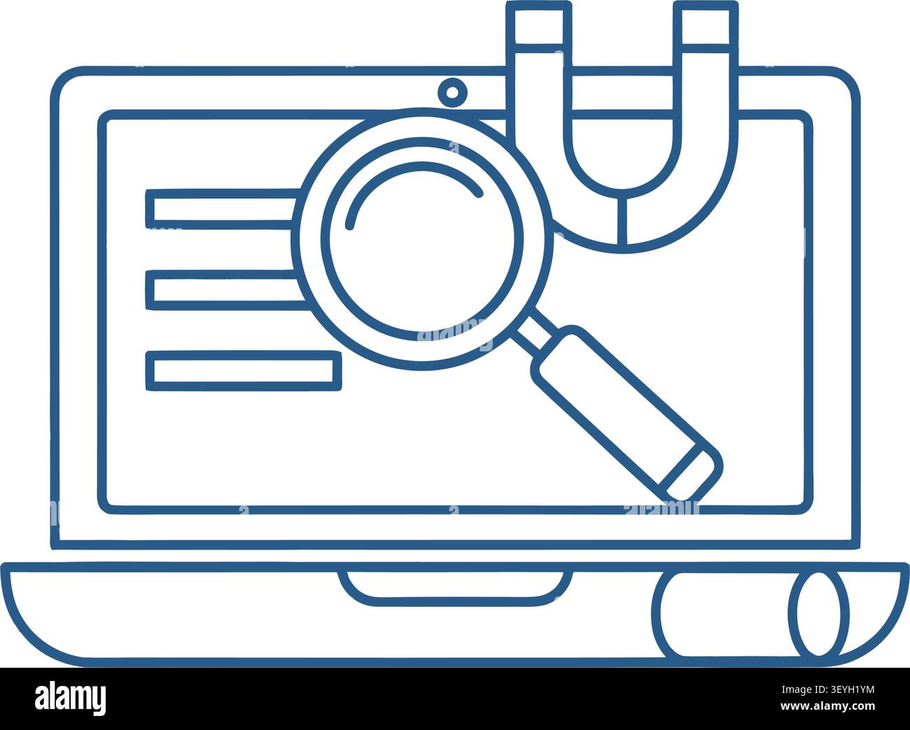 Laptop computer icon with a magnifying glass and a magnet for seo and web marketing Stock Vector