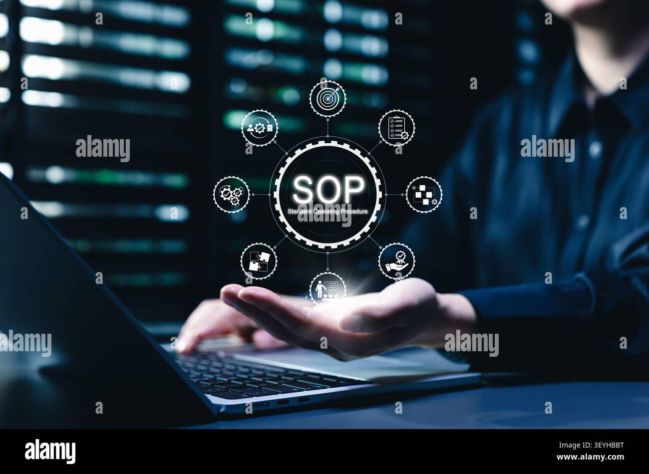 SOP management and standard operating procedure automation concept. workflow control, process documentation, task checklist, quality assurance, team Stock Photo