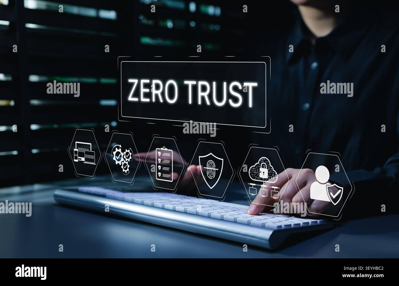 Zero trust cybersecurity concept. identity protection, access control, cloud security, fingerprint verification, policy checklist, device network, Stock Photo