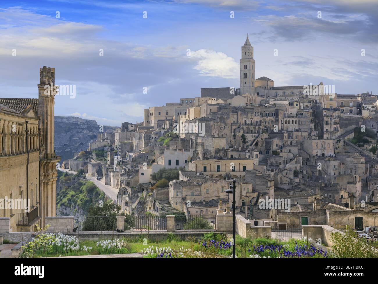 Panoramic view over the whole of the ancient city of Matera and the canyon Stock Photo