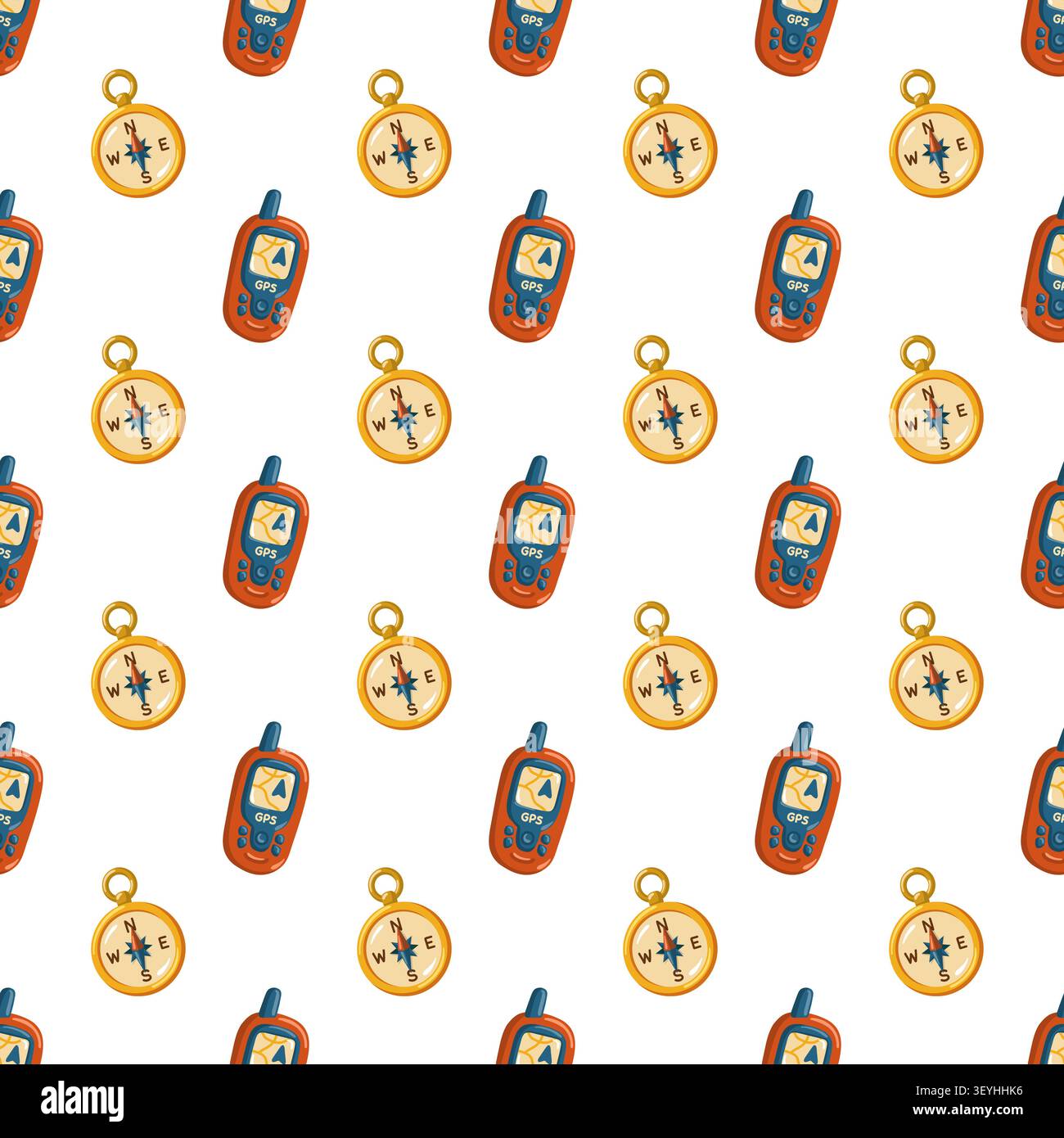 Compass and GPS device seamless pattern on white background. Cartoon vector repeat print. Stock Vector