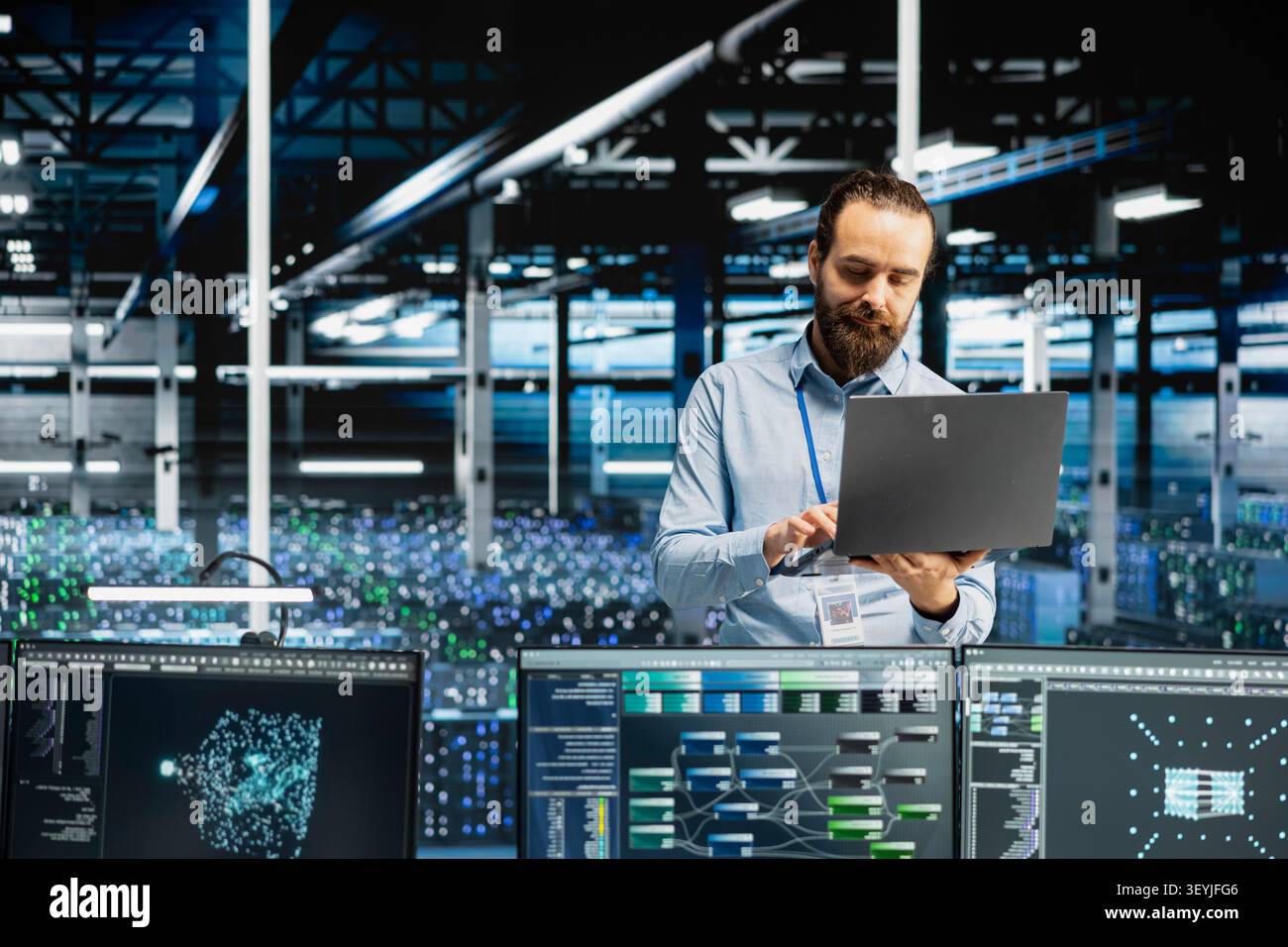 Technical specialist in computing facility configuring hardware specifically enhanced for AI tasks, increasing workloads, while automating system diagnostics working with machine learning predictions. Stock Photo