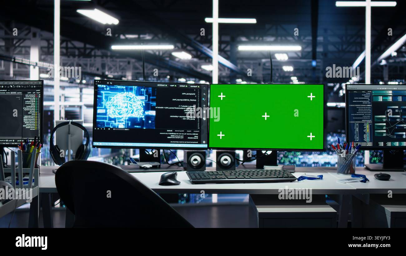 Chroma key isolated screen computers managing server room gear working with AI tech. Stock Photo