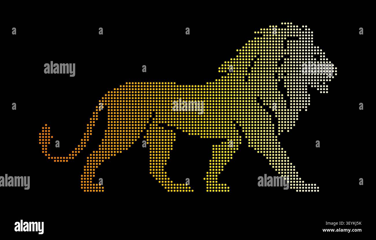 A side profile of a walking lion created from a grid of small glowing square dots with a color gradient from white to gold on black background Stock Vector