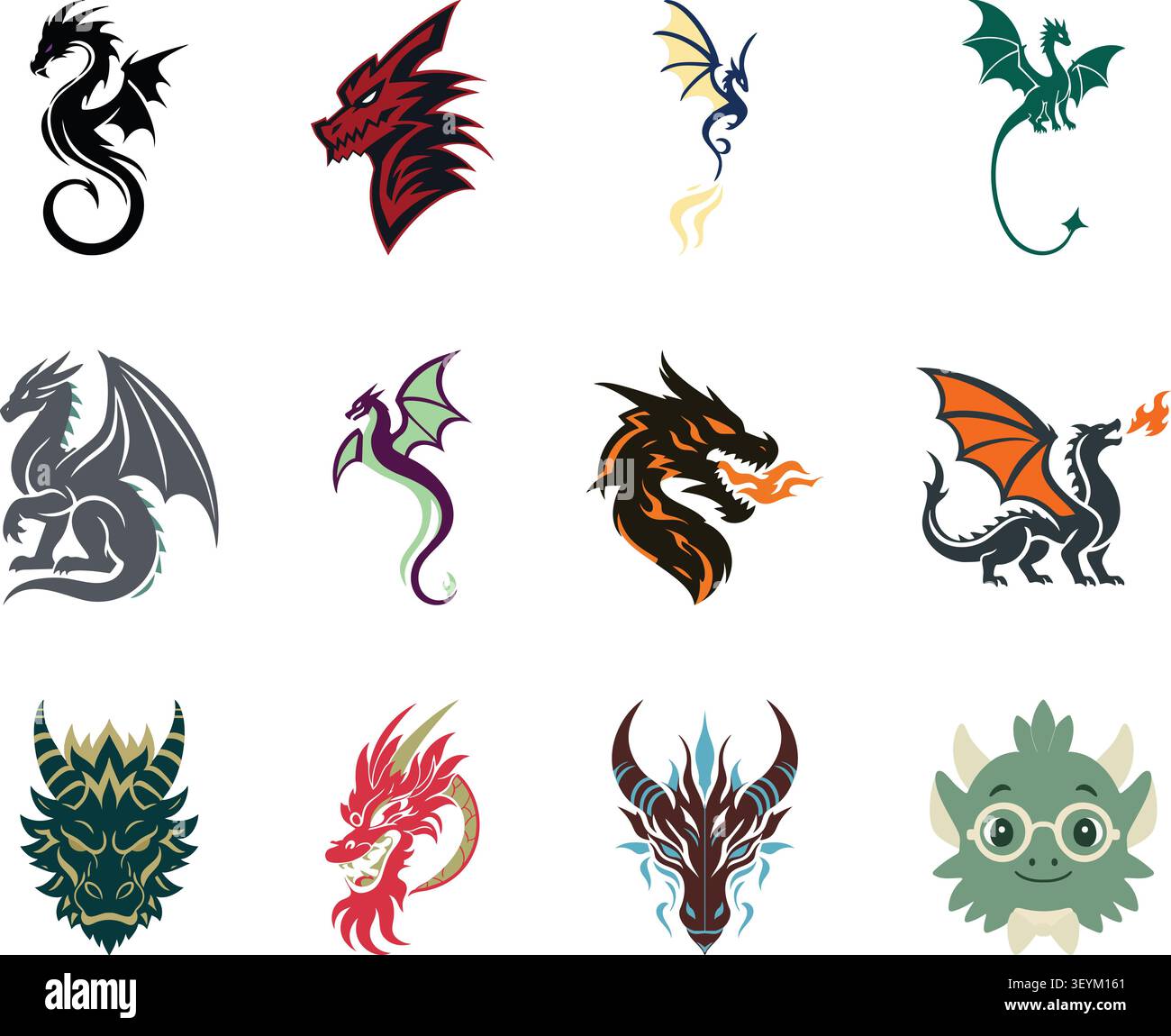 A dynamic illustration set featuring various fantasy dragon designs. Stock Vector