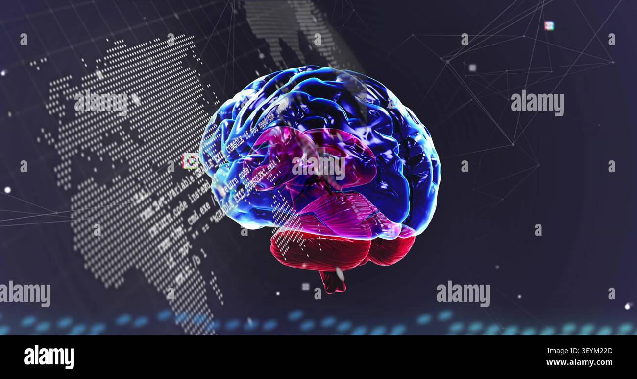Rotating translucent 3D brain showing blue-magenta-red regions in virtual data studio, code map net Stock Photo