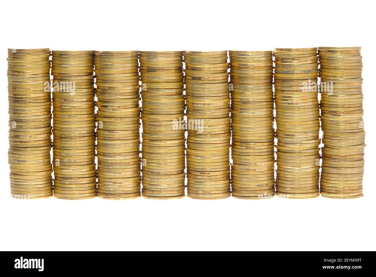 old & used golden coins stack up in white background Stock Photo