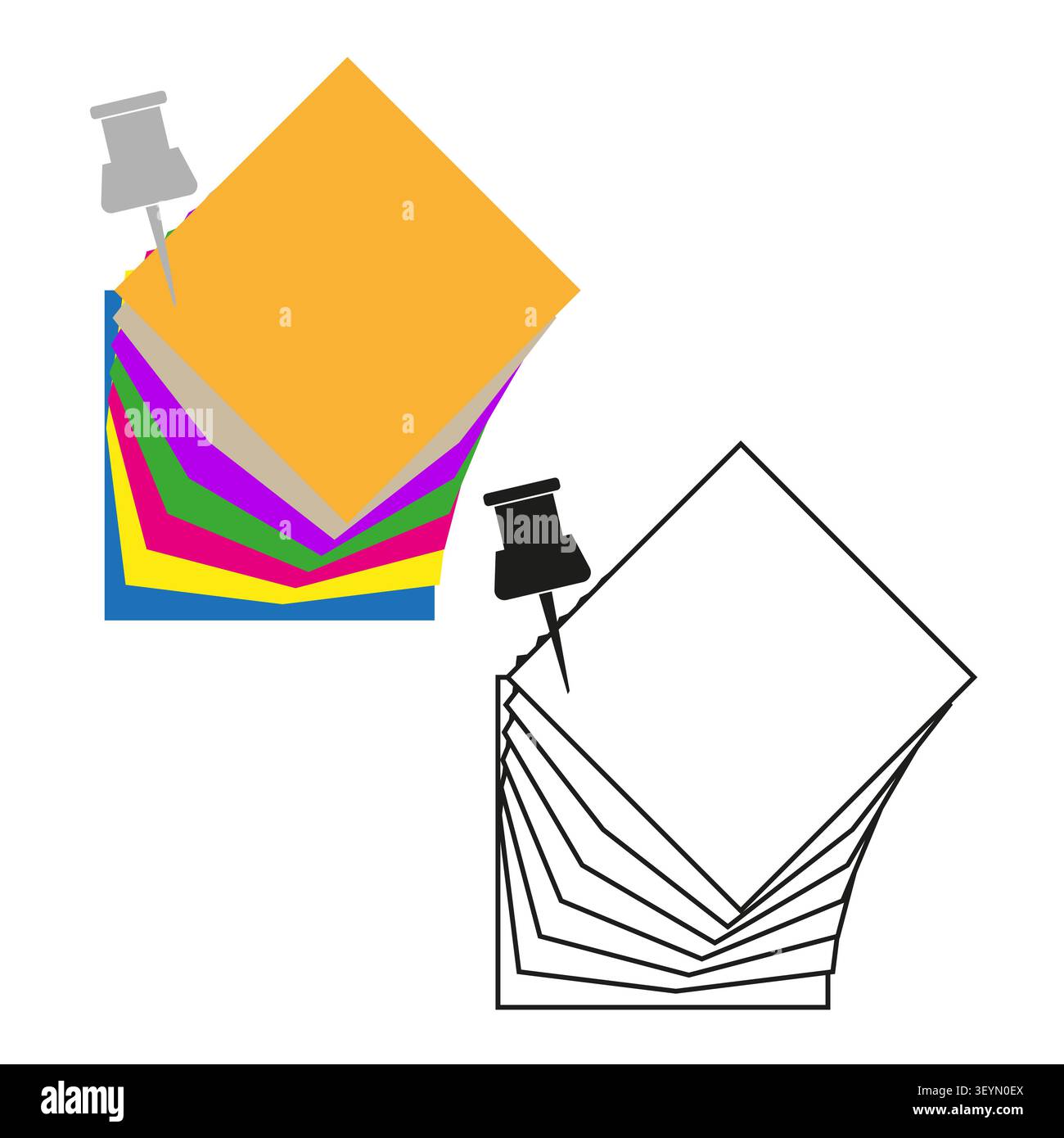 Pinned sticky note stack object features yellow vector graphic. Enhances office reminder concept. eps 10 Stock Vector