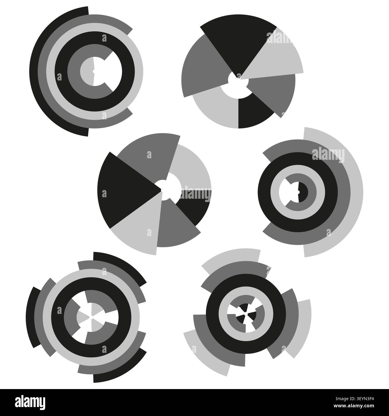 Radial segmented pie chart set features abstract greyscale geometry. Enhances business analytics presentation. eps 10 Stock Vector