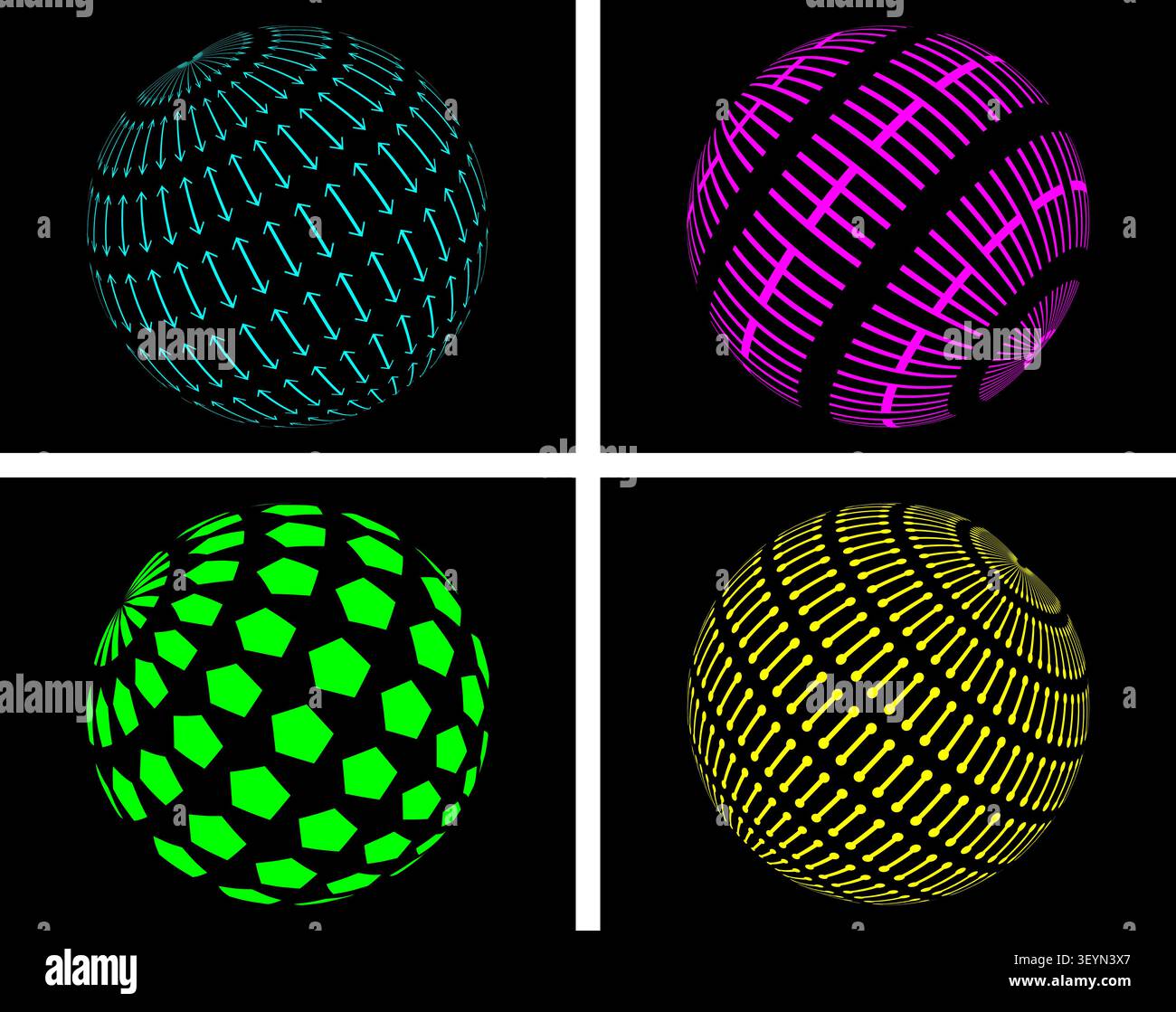 Vibrant geometric spheres with abstract patterns on a black background Stock Vector