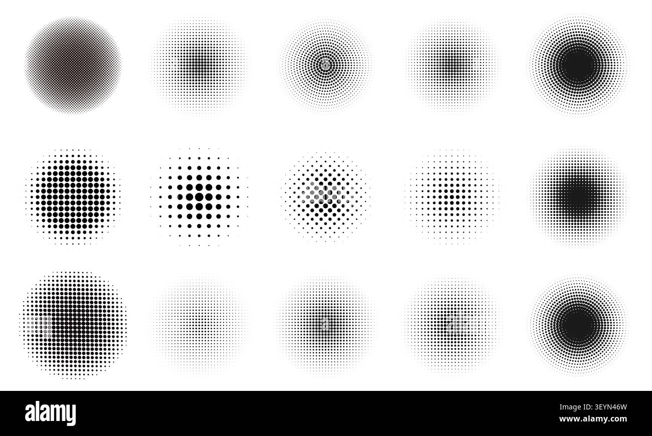 Set of black halftone dots backgrounds. vector modern dots halftone,Pop art comic style gradient circle halftone set Vector isolated on white backgrou Stock Vector