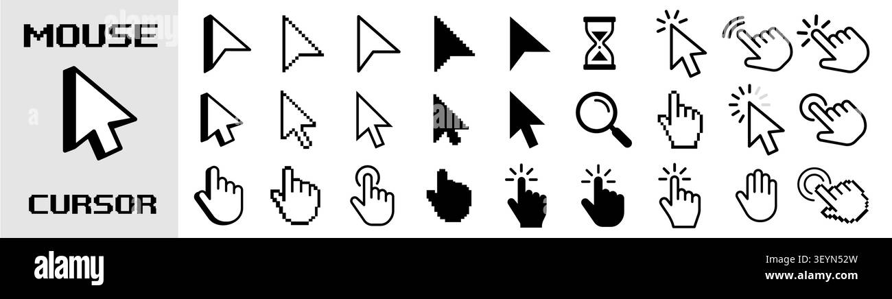 Mouse click cursor icon set, Cursor, click icons set. Click set vector. arrow and mouse forms, vector illustration Stock Vector