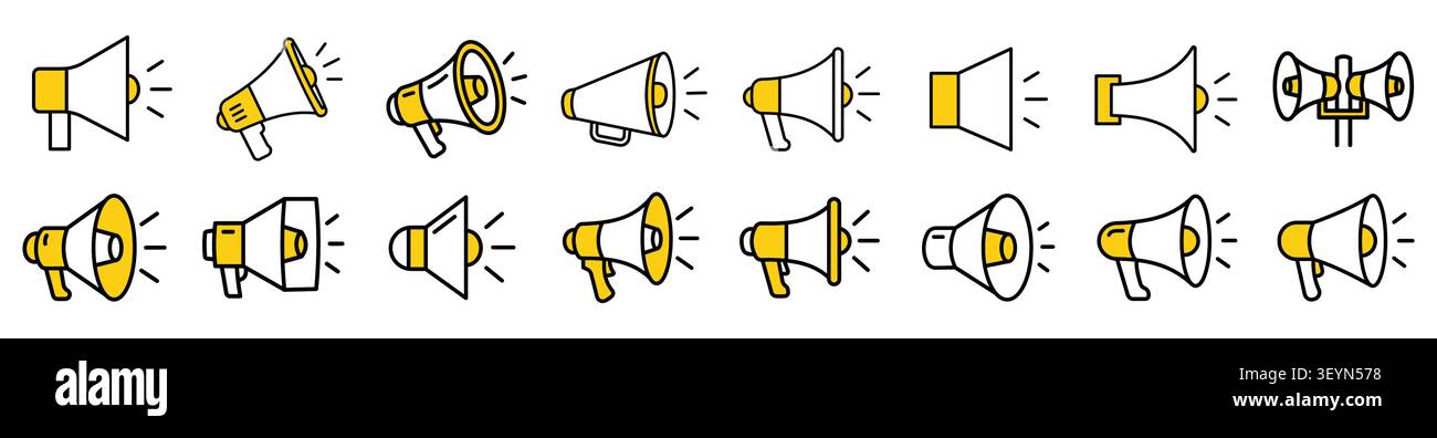 Megaphone Icons Collection in Flat Outline Vector Style. Stock Vector