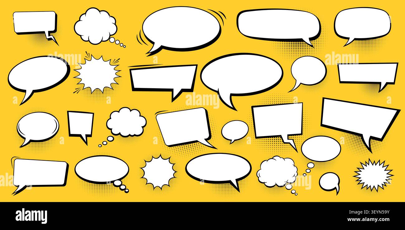 Comic speech bubbles set. Hand drawn cartoon dialog clouds collection. Retro pop art vector chat frames. Stock Vector