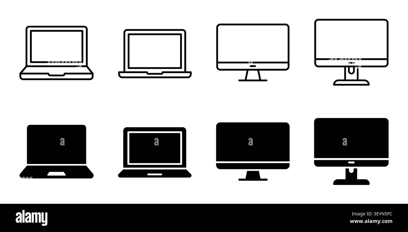 Computer and laptop vector icon set, thin line and solid glyph style isolated on white background Stock Vector