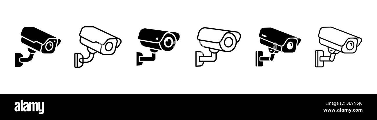 CCTV security camera icon set, thin line and solid black glyph vector illustration isolated on white background Stock Vector