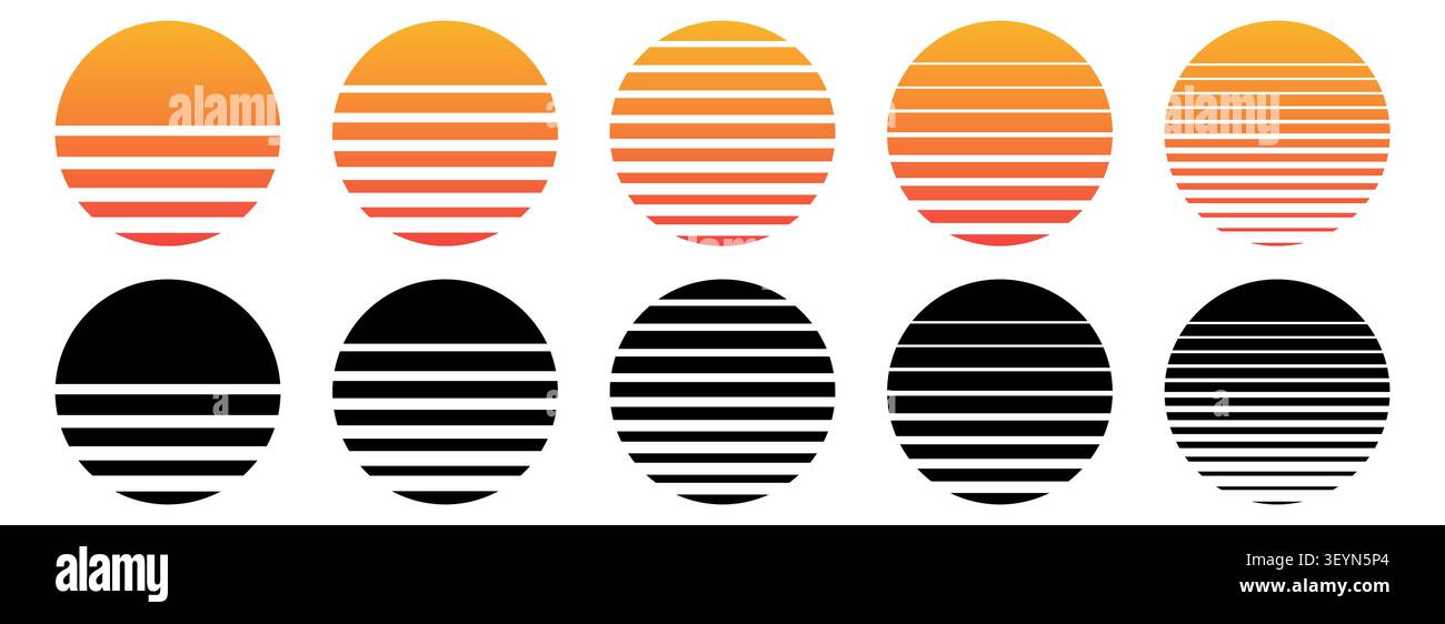 Retro sunset vector set in synthwave 80s 90s style Stock Vector