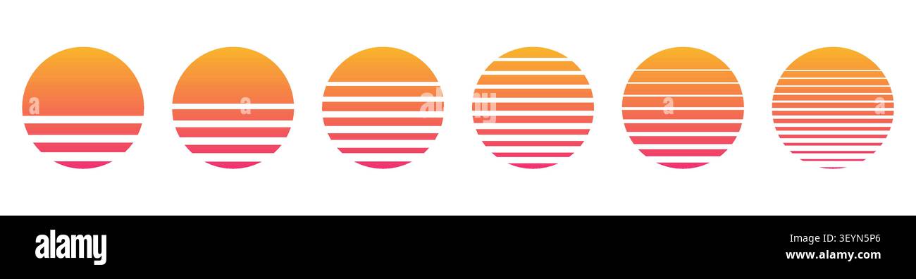 Retro sunset vector set in synthwave 80s 90s style Stock Vector