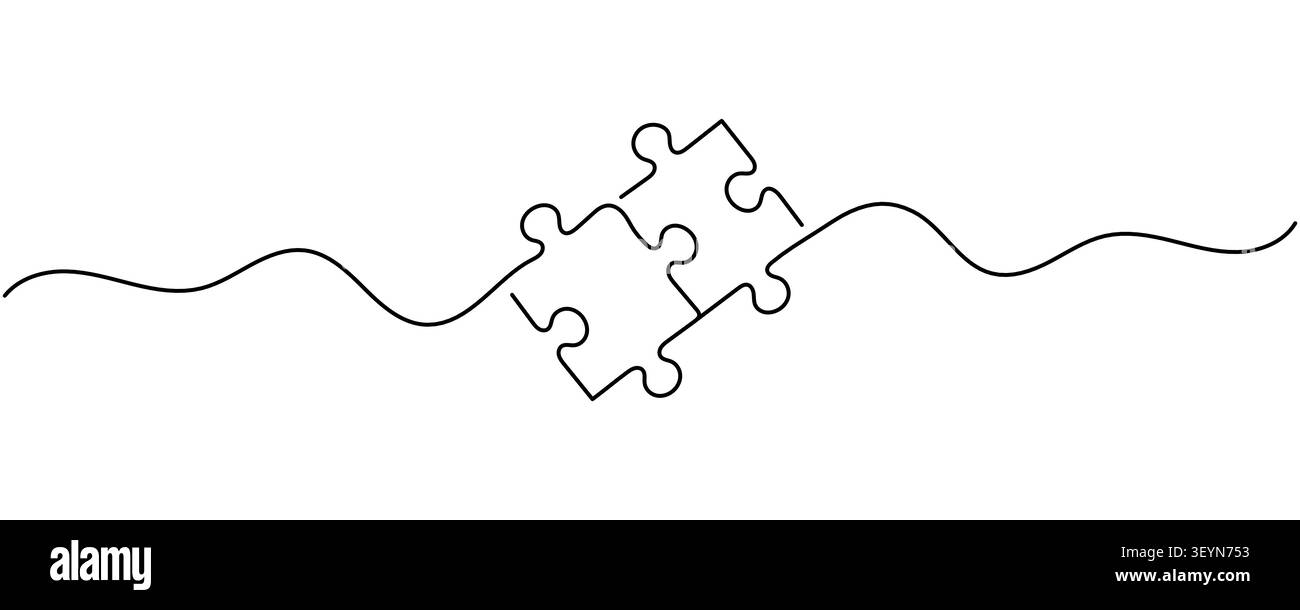 Continuous line puzzle icon representing teamwork and business solution. Editable stroke. Stock Vector