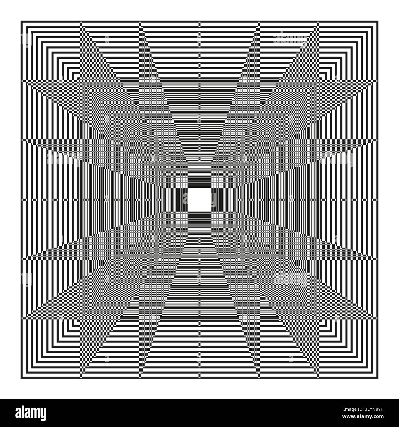 Geometric optical illusion features dense black white pattern. Creates hypnotic deep square tunnel. eps 10 Stock Vector