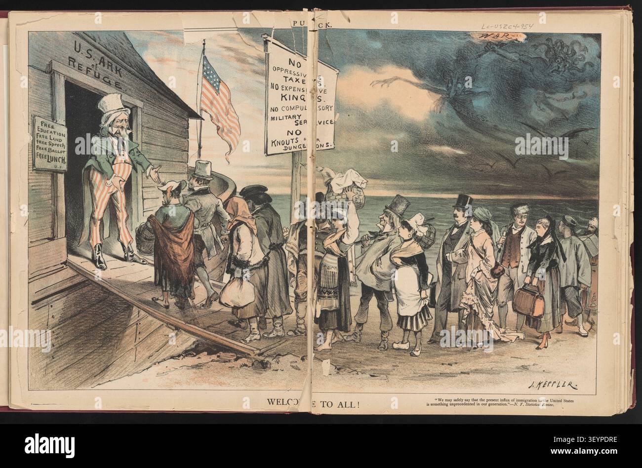 Welcome To All - Political cartoon showing Uncle Sam on "U.S. Ark of Refuge" welcoming all classes of immigrants; with cloud "War" over them.. Color Lithograph by J. Keppler from Puck Magazine published in 1880. Stock Photo