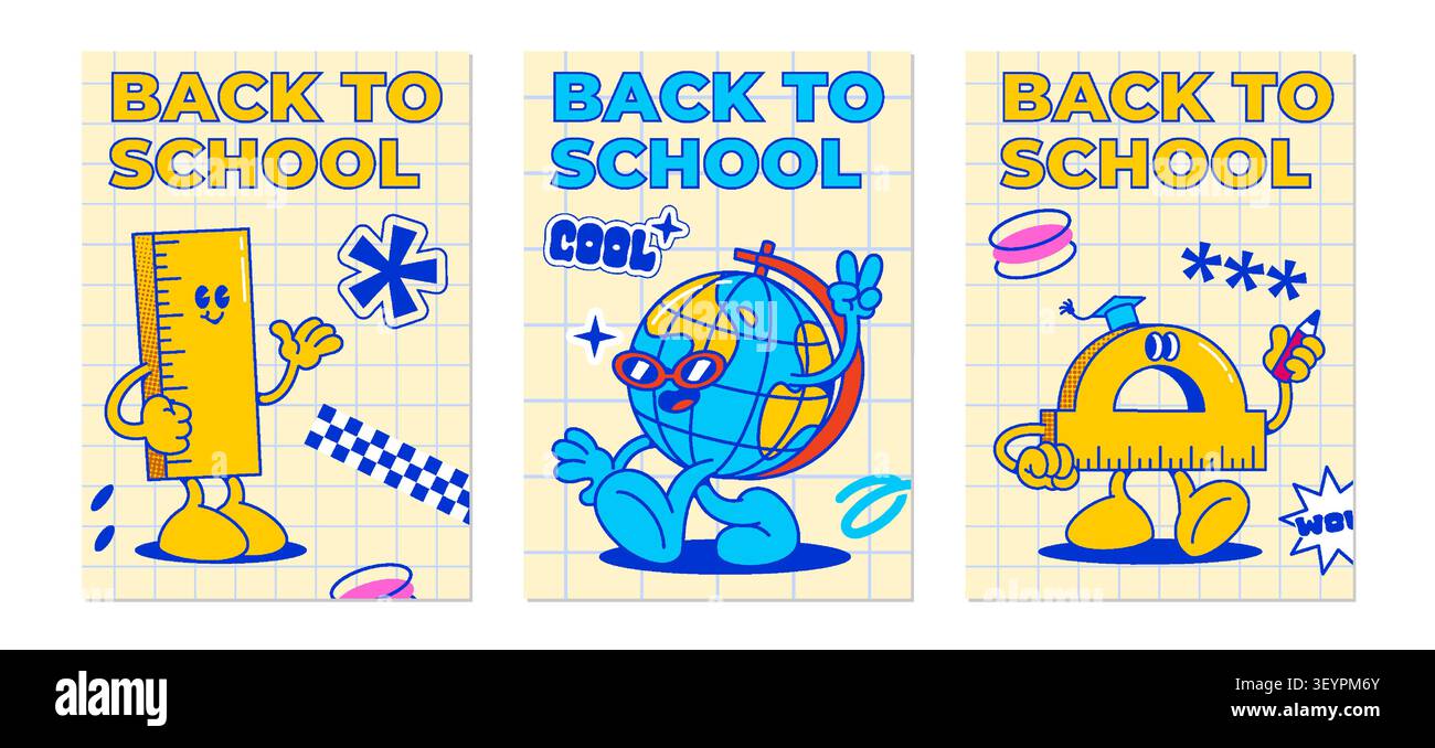 Back to school retro posters with groovy cartoon characters on paper sheet background. Colorful vector banners with happy mascots, funny protractor and ruler with faces, cheerful earth globe Stock Vector
