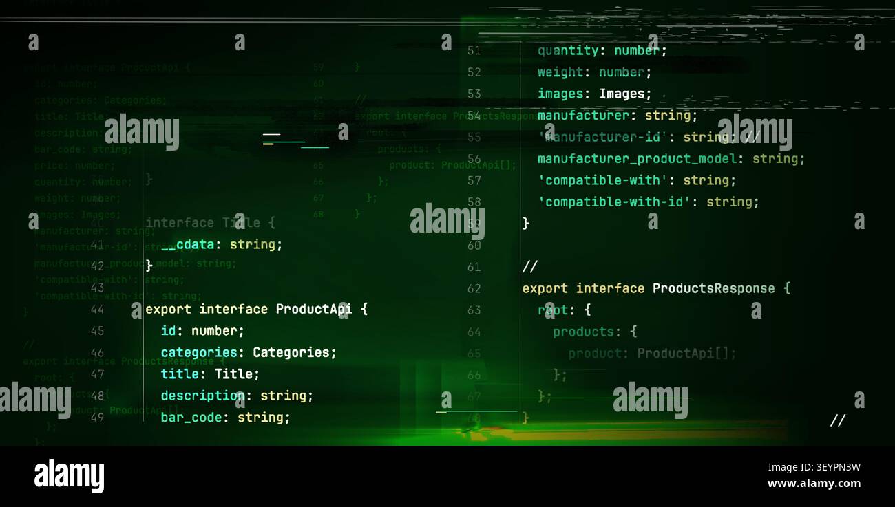 Programming code display with script elements and glitch effects on black background. Vector realistic illustration of green digital screen backdrop, software development, data structure lines Stock Vector